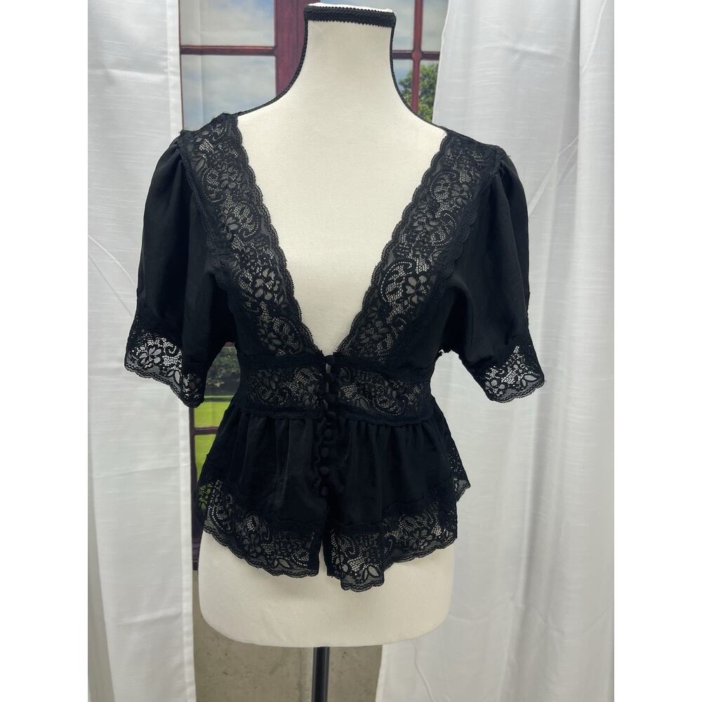 Dark Academia Coquette Black Lace Peplum Top Deep V Gothic Cottagecore Blouse S - Picture 4 of 15